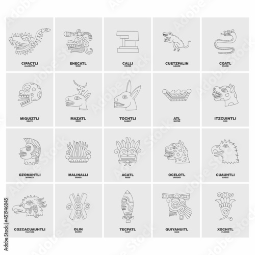 Vector icon set with Glyphs from Aztec calendar. Calendar days symbols