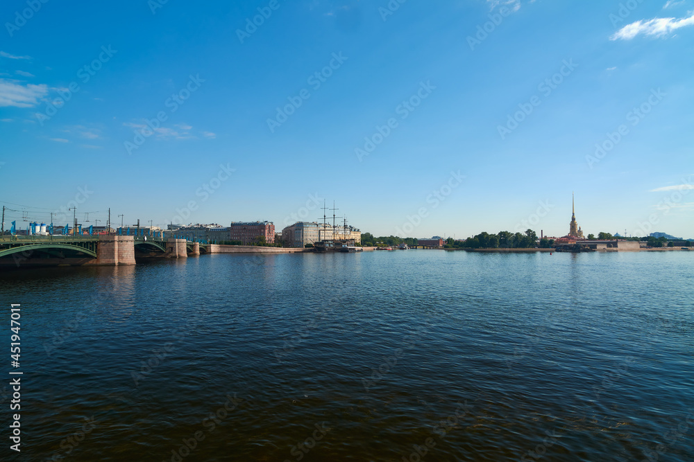 View of the Peter and Paul Fortress and the Exchange Bridge in St. Petersburg.