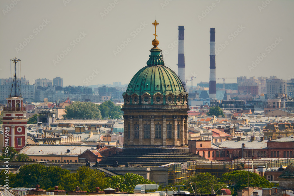 View of the Kazan Cathedral from the colonnade of St. Isaac's Cathedral in St. Petersburg.