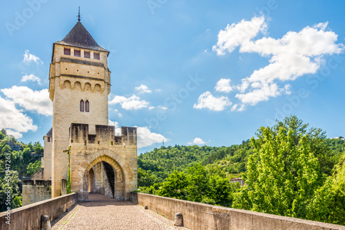 View at the Tower of Valentre bridge over Lot river in Cahors ,France