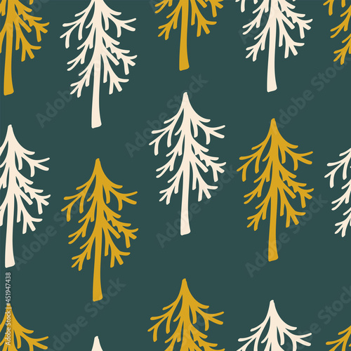 Seamless repeating pattern with Christmas trees in beige and yellow on a green background. Festive New Year wallpaper, wrapping paper, wall decoration.