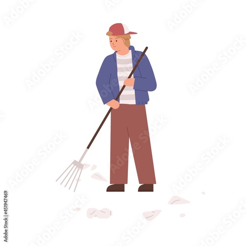 Child cleaning environment from plastic litter with rakes. Kid clean street f...