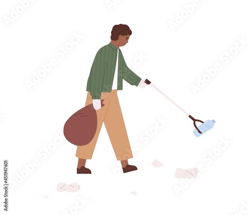 Child picking up plastic garbage with litter stick. Kid collecting rubbish into trash bag. Eco volunteer cleaning environment from waste. Flat vector illustration isolated on white background