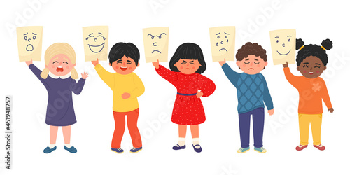 Children hold pieces of paper with drawn emotions. Positive and negative emotions. Scared, laughing, sad, angry, smiling, happy kids.