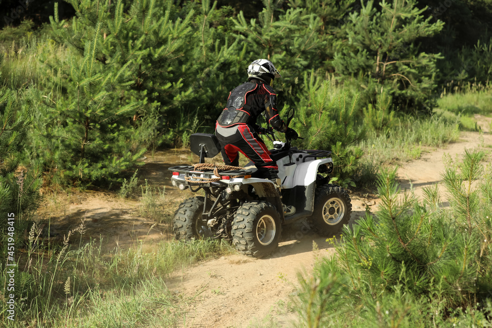 Fototapeta premium Man driving modern quad bike on sandy road near forest. Extreme sport