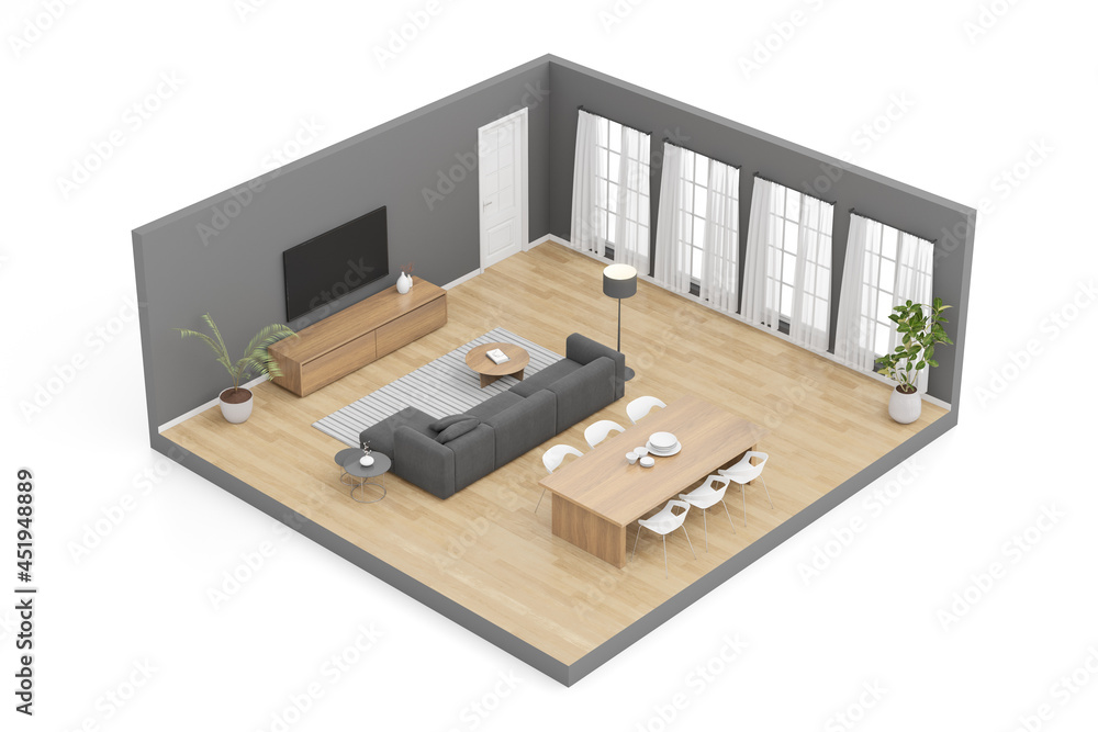 Isometric of living room with TV screen, sofa and dining table isolated ...