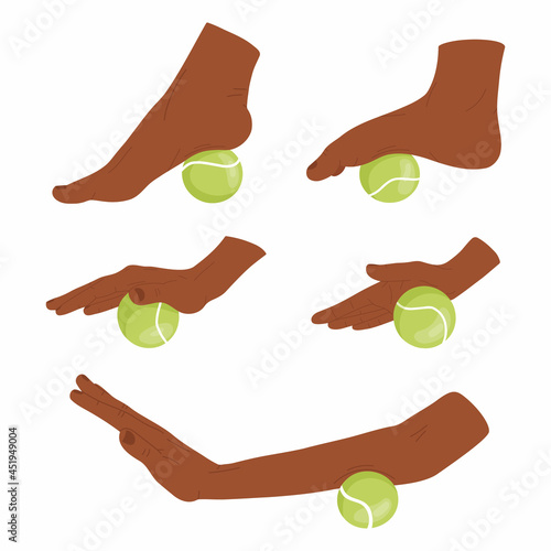 Set of myofascial release exercises for hands and  feet. Rehabilitation workout on tennis ball. Vector illustration.