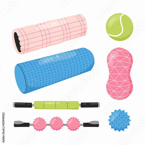 Set of equipment for myofascial release training. Foam roller, tennis ball, spiky trigger point ball, duo ball for neck, massage stick. Vector illustration.