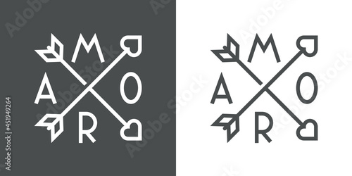 Día de San Valentín. Logotipo con texto hecho a mano Amor en español alrededor de 2 flechas con corazón en cruz con lineas en fondo gris y fondo blanco