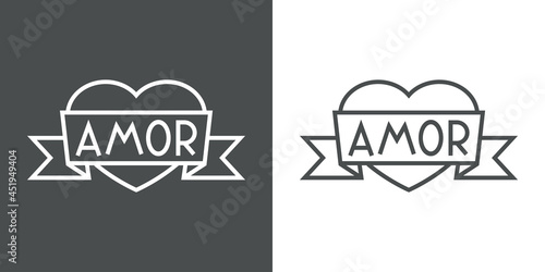 Día de San Valentín. Logotipo con texto hecho a mano Amor en español escrito en listón en silueta de corazón con lineas en fondo gris y fondo blanco