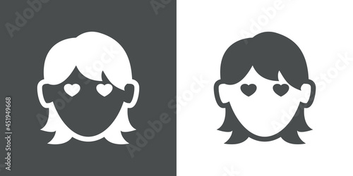 Mujer enamorada. Logotipo con silueta de cara de chica con ojos con forma de corazón en fondo gris y fondo blanco
