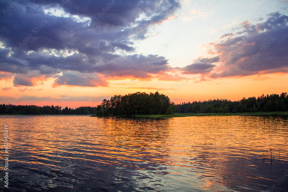 Panoramic midsummer sunset in Finnish archipelago