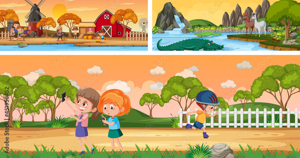 Outdoor panoramic landscape scenes set with cartoon character
