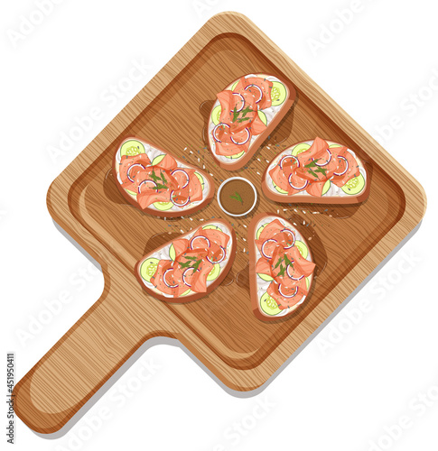 Smoked salmon bruschetta on a wooden plate isolated