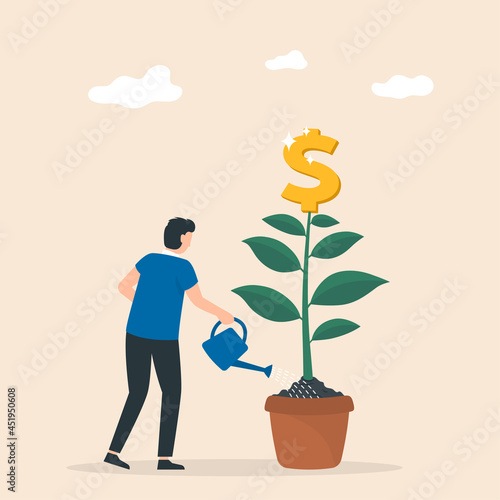 Money tree, businessman watering a money plant growing.
