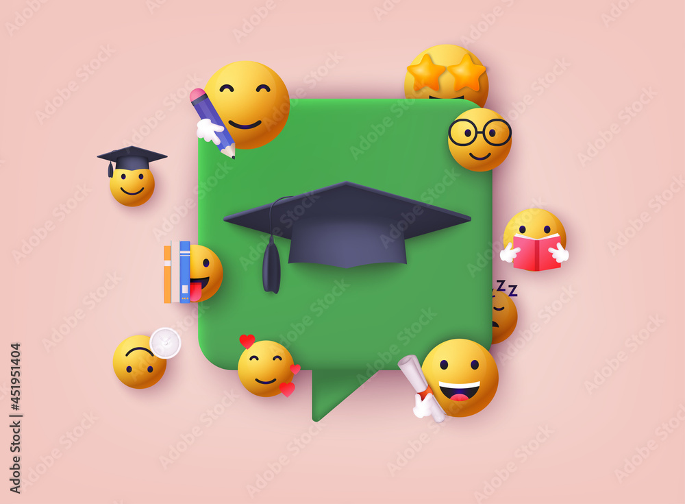 Fototapeta premium Education concept. Application learning. Cartoon emoji set. 3D Web Vector Illustrations.