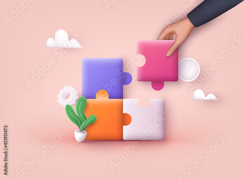 People hand connecting puzzle elements. Business approach, brainstorming. 3D Web Vector Illustrations.