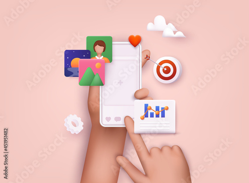 Hands holding smartphone with online platform. Influencer marketing, social media or network promotion, SMM banner, landing page, flyer. 3D Web Vector Illustrations.