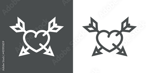 Día de San Valentín. Logotipo con silueta de corazón perforado por 2 flechas en cruz con lineas en fondo gris y fondo blanco