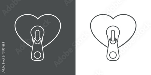 Día de San Valentín. Logotipo silueta de corazón con forma de cremallera con lineas en fondo gris y fondo blanco