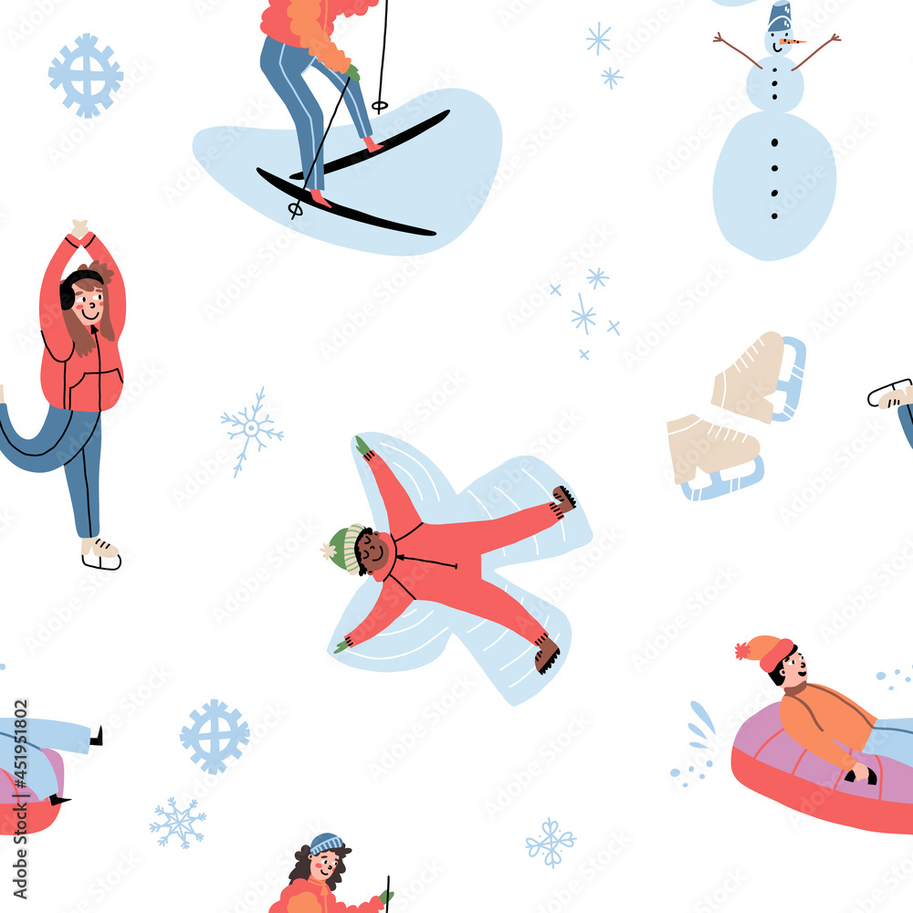 Winter sports, outdoors pastime seamless pattern. People sliding down on a snow tube, make snow angel, skiing, skating. Winter sports, outdoors pastime seamless pattern. People sliding down on a snow tube, make snow angel, skiing, skating.