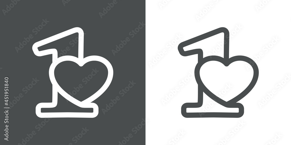Obraz premium Día de San Valentín. Logotipo silueta de corazón con número 1 con lineas en fondo gris y fondo blanco