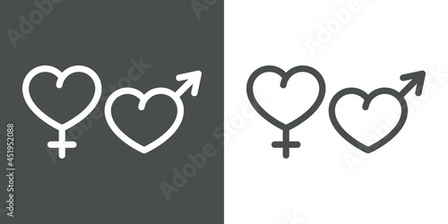 Logotipo sexo heterosexual. Siluetas de corazones con forma de símbolos masculino y femenino con lineas en fondo gris y fondo blanco