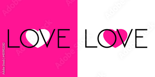 Día de San Valentín. Logotipo con texto Love sobre corazón con lineas en color negro y fondo rosa y fondo blanco