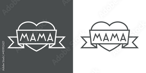 Día de la madre. Logotipo con texto hecho a mano Mamá en español escrito en listón en silueta de corazón con lineas en fondo gris y fondo blanco