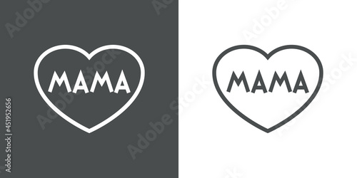 Día de la madre. Logotipo con texto hecho a mano Mamá en español en silueta de corazón con lineas en fondo gris y fondo blanco