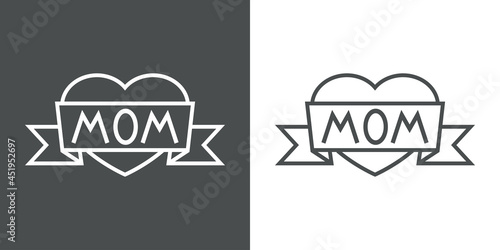 Día de la madre. Logotipo con texto hecho a mano Mom escrito en listón en silueta de corazón con lineas en fondo gris y fondo blanco