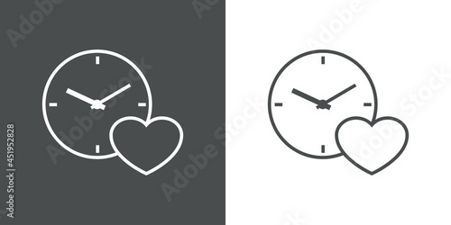 Tiempo de amor. Logotipo esfera de reloj con silueta de corazón pequeño con lineas en fondo gris y fondo blanco