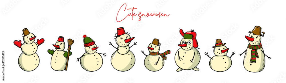 Set of hand drawn cartoon snowmen for christmas and new year decor, stickers, prints, cards, posters, banners, etc.