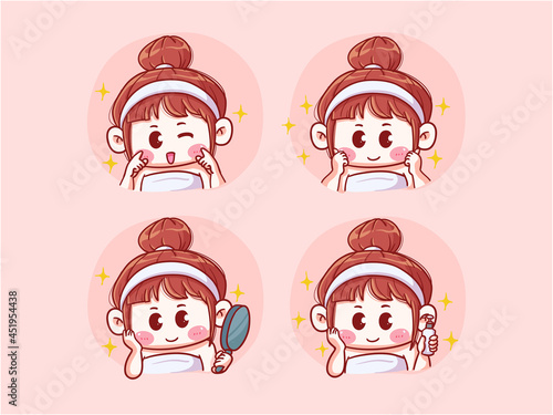 Cute and kawaii Happy Girl Doing Skincare Routine, Glowing Skin, Looking At Mirror, Applying Skincare Product, chibi manga illustration