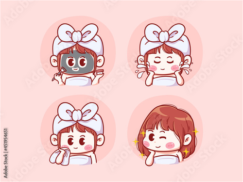 Cute and kawaii Girl Doing Skincare Routine, Apply Face Mask, Wash and Cleanse Face, Glowing Skin, manga chibi Illustration
