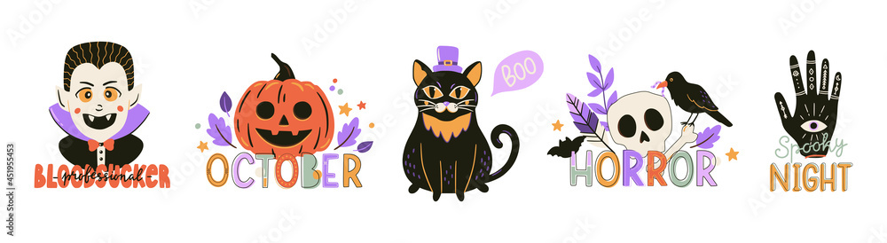 Collection of cute Halloween typography prints. Vector illustration for stickers, patches, season decorations, t-shirt design. Collection of cute Halloween typography prints. Vector illustration for stickers, patches, season decorations, t-shirt design.