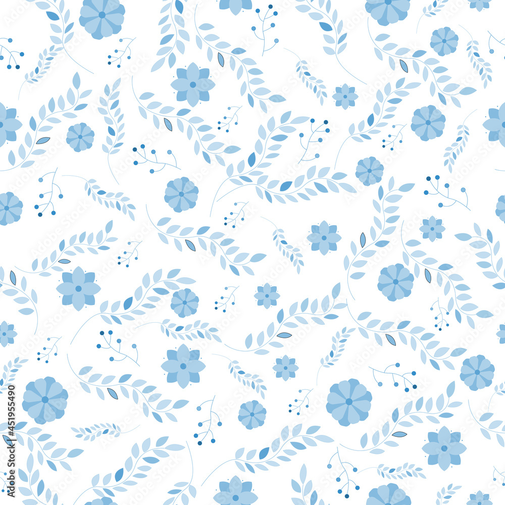 vector seamless pattern with blue flowers and leaves