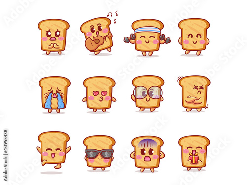 Cute and Kawaii Bread Sticker Illustration Set With Various Activity and Expression for mascot