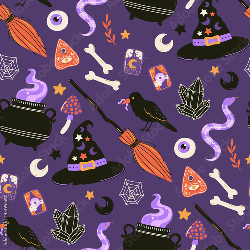 Halloween seamless pattern. Hand drawn holiday background. Cute spooky vector illustration.