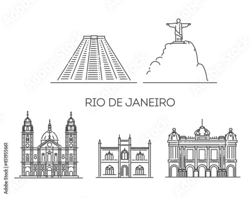 Rio De Janeiro architecture line skyline illustration. Linear vector cityscape with famous landmarks