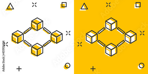 Vector cartoon blockchain technology icon in comic style. Cryptography cube block concept illustration pictogram. Blockchain algorithm business splash effect concept.
