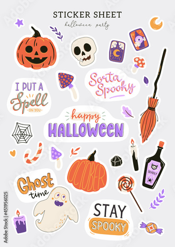 Collection of cute Halloween characters and symbols. Hand drawn design elements. Halloween stickers set. Vector illustrations and typography.