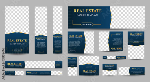 Real Estate web banner design template Set with blue background. Vertical, Horizontal and Square banners with standard size and place for photos. Vector design EPS 10 