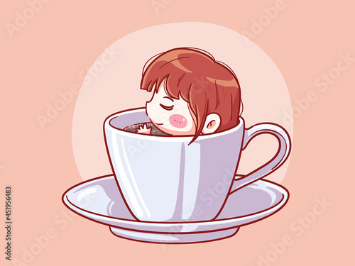 Cute and kawaii Girl Relax and Soak In a Cup of coffee Manga Chibi Illustration