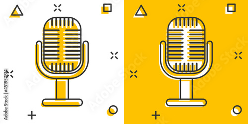 Microphone icon in comic style. Mic broadcast vector cartoon illustration pictogram. Microphone mike speech business concept splash effect.