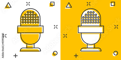 Microphone icon in comic style. Mic broadcast vector cartoon illustration pictogram. Microphone mike speech business concept splash effect.