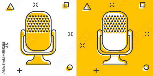 Microphone icon in comic style. Mic broadcast vector cartoon illustration pictogram. Microphone mike speech business concept splash effect.