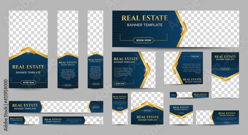 Real Estate web banner design template Set with blue background. Vertical, Horizontal and Square banners with standard size and place for photos. Vector design EPS 10	