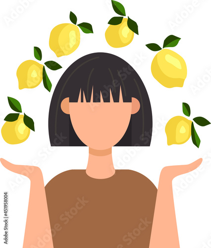 image of a girl with short dark hair and bangs without a face with a rainbow of lemons 