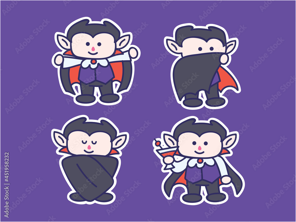 Cute and kawaii Dracula mascot Sticker Illustration Set, vampire drink blood, sleep, hiding in cape, smile